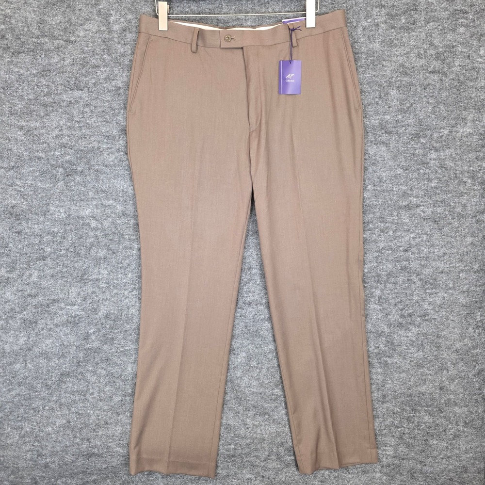 Alan Flusser Pants Mens 38W 32L Taupe Classic Fit Stretch Herringbone Flat Front